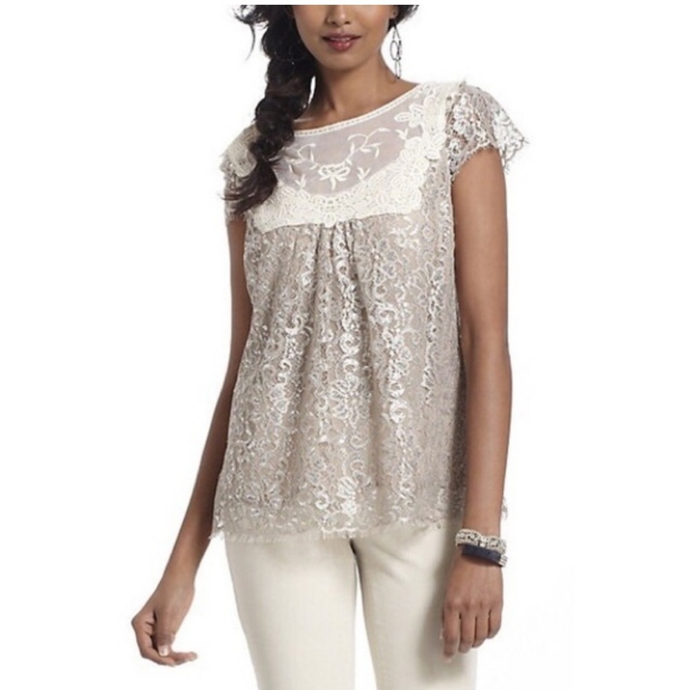 Anthropologie Lace Yoke Cap-Sleeve Blouse in Cream